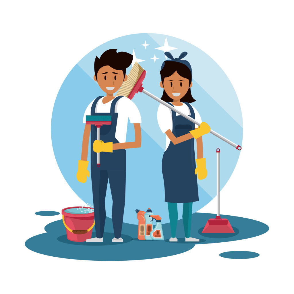 illustration of cleaner smiling and working with cleaning products